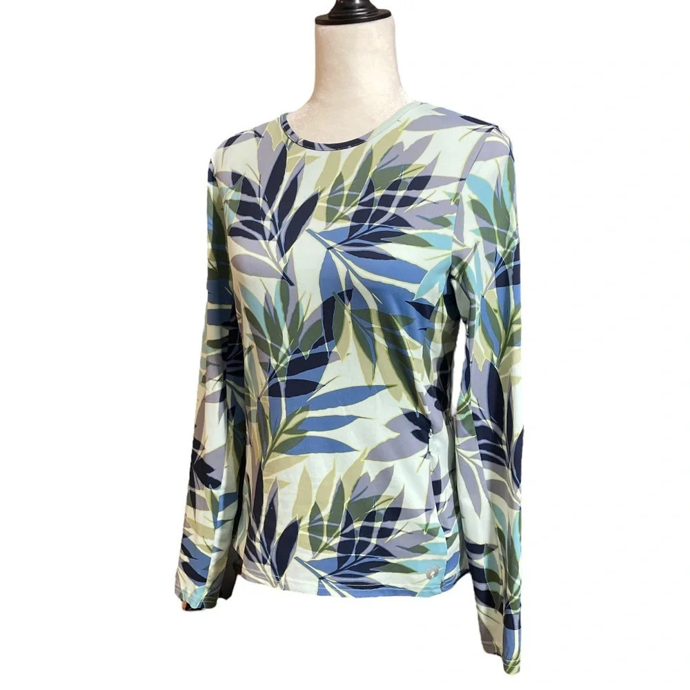 Hang Ten Blue Tropical Print Long Sleeve UV Protection Shirt Women's Small